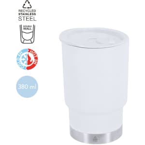 A drink bottle featuring a double-walled design, made from recycled stainless steel, in white with a silver base.