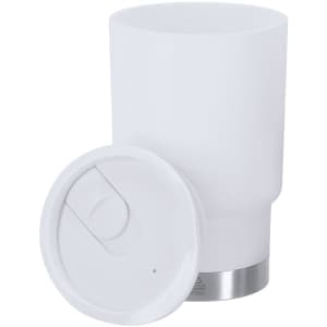 A white insulated cup with a removable lid, featuring a stainless steel base and a smooth finish.