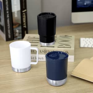A drink bottle set featuring three insulated cups in black, white, and navy, with stainless steel bases.