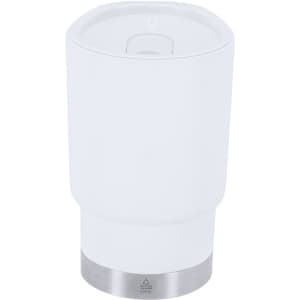 A travel mug in white with a stainless steel base and a lid, featuring a logo.