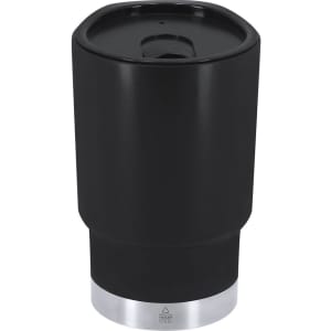 A black insulated travel mug with a silver base and a lid, featuring a logo.
