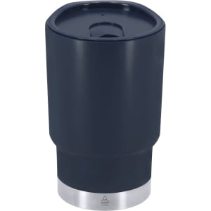 A drink bottle, the Clancy Insulated Cup, features a dark blue exterior with a stainless steel base and a lid.