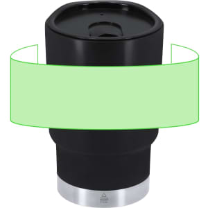 A drink bottle featuring a sleek black design with a stainless steel base and a lid. It has a logo.