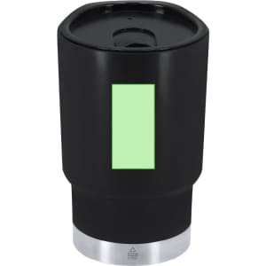 A drink bottle with a black finish and a silver base, featuring a green rectangular section and a lid.