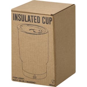 A drink bottle in navy blue, featuring a lid, inside a cardboard box with a simple design.