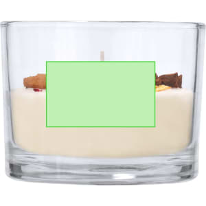 A glass candle featuring a creamy white wax with decorative pieces on top, in a clear container.
