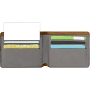 A grey RFID wallet with six card slots and a compartment for a card. It features a brown trim and an interior logo.
