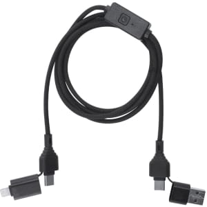 A black charging cable with multiple connectors and a control switch, featuring a logo on the connector.