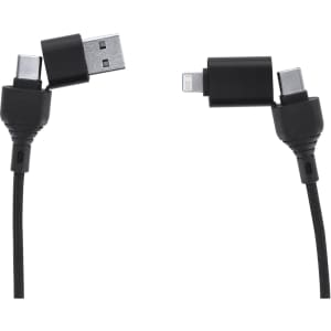 A black charging cable featuring USB and angled connectors. It has a textured finish and includes a logo.