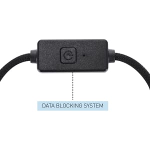 A black charging cable featuring a data blocking system switch and a textured exterior.