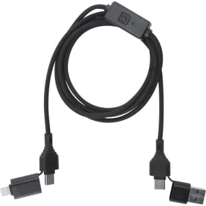 A black charging cable with multiple connectors, featuring a logo and a switch for functionality.