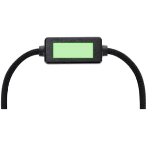 A black charging cable with a textured surface and a green rectangular connector.