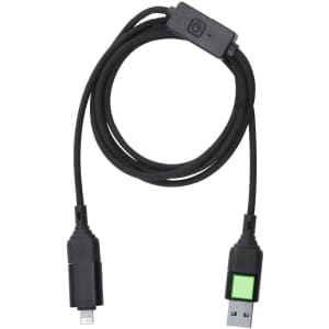 A charging cable with black braided fabric, featuring a USB connector and a light connector, includes a green section at the USB end.
