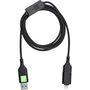 A black charging cable with a green connector and a USB end, featuring a logo on the side.