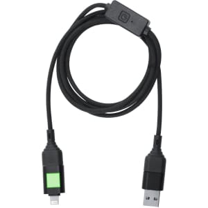 A black charging cable with two connectors, featuring a logo and a green element on one end.