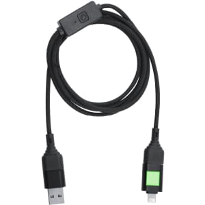 A black charging cable with a braided design, featuring a USB connector and a Lightning connector. It has a logo on it.