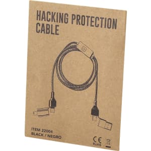 A packaging for a black hacking protection cable with a logo, featuring multiple connection types.