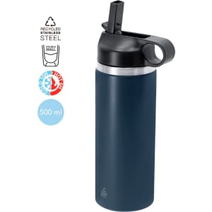 A drink bottle in navy blue, featuring a black lid and a logo, made from recycled stainless steel, 500 ml capacity.