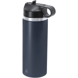 A drink bottle in navy blue with a black lid and handle, featuring a metallic band and a logo.