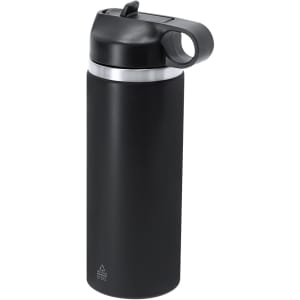 A drink bottle in sleek black with a silver band at the top and a black lid, featuring a logo.