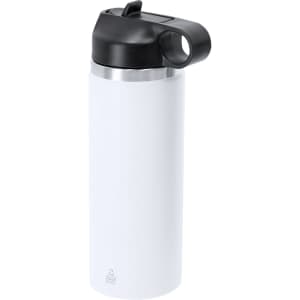 A drink bottle in white with a black lid and handle, featuring a metallic rim and branding.