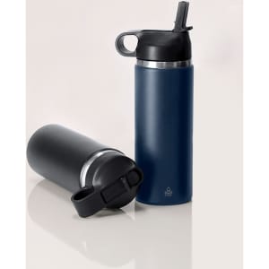 A drink bottle set featuring a navy blue and a black insulated design, each with a cap and spout, and a logo.
