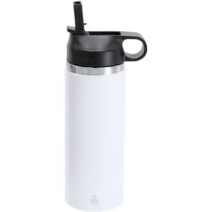 A drink bottle in white with a black lid and straw, featuring a handle and a logo.