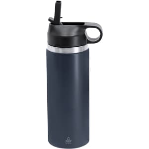 A drink bottle in navy blue with a black lid and built-in straw. It features a logo on the side.