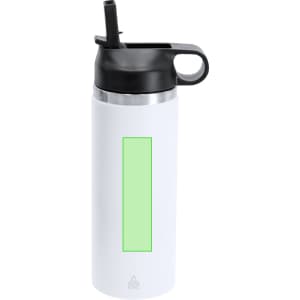 A drink bottle with a white body, black lid, and a green panel, featuring a built-in straw and a logo.