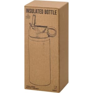 A drink bottle in black with a straw lid, packaged in a brown box. It includes a logo.