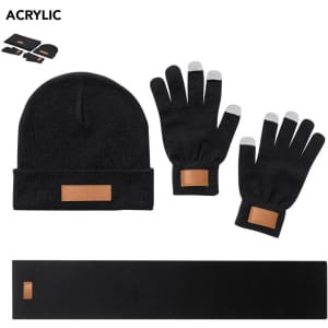 A black beanie, a pair of black gloves with grey tips, and a matching black scarf, all featuring a logo.