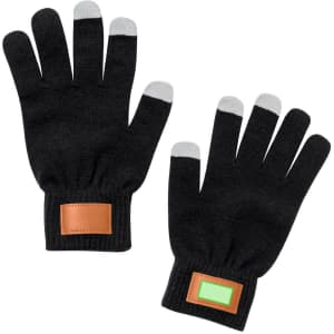 A pair of black gloves with grey fingertips and a brown leather patch, featuring a logo on one glove.