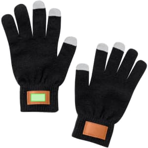A pair of black gloves with grey tips and a brown patch, featuring a logo on one glove.