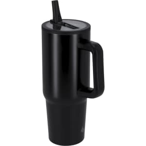 A drink bottle in matte black with a handle and a straw, featuring a lid and a logo.
