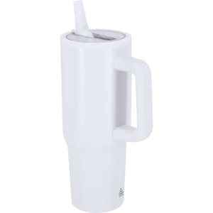 A drink bottle in white with a handle and a straw, featuring a sleek insulated design and a logo.
