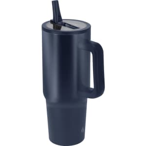 A drink bottle in navy blue with a handle and a straw, featuring a lid and a logo.