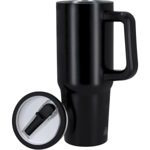 A black insulated jug with a handle and a clear lid featuring a drinking spout. It has a logo on the side.