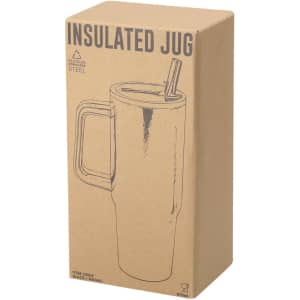 A drink bottle in a cardboard box, featuring a straw, made of stainless steel and designed as an insulated jug.