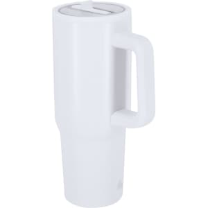 A drink bottle in white, featuring a handle and a lid, designed for insulated cooling or heating.