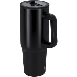 A drink bottle in matte black, featuring a handle and a drinking lid, with a branding logo.