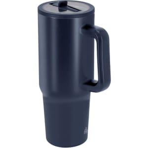 A drink bottle with a navy blue finish, featuring a handle and a secure lid, designed for insulated beverages.