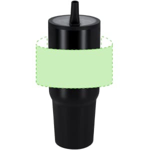 A drink bottle in black with a straw and a smooth cylindrical body. It features a branding logo.