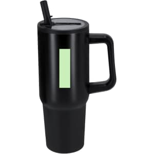 A drink bottle in matte black with a handle, featuring a removable lid and a straw, and has a logo.
