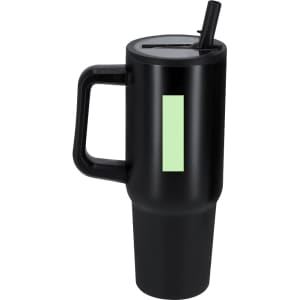 A drink bottle in black with a handle and a straw, featuring a green section and a logo.