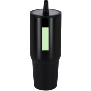 A drink bottle featuring a sleek black design with a light green accent and a spout for easy pouring.