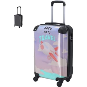 A wheeled trolley bag in black, featuring a colourful travel-themed design with a plane and clouds.
