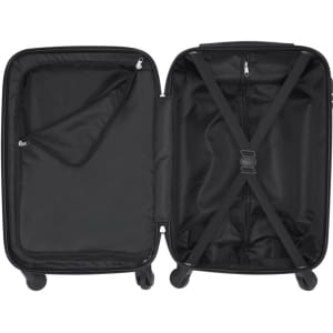 A black wheeled bag with a spacious interior featuring multiple compartments and securing straps. It has a logo.