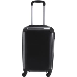 A black wheeled bag with a retractable handle and smooth wheels, featuring a logo on the front.