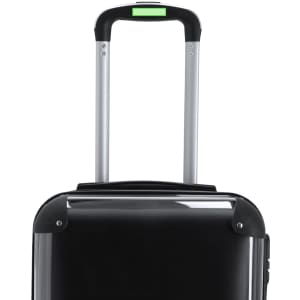 A black wheeled bag with a retractable silver handle and a green accent on the handle. It features a logo.