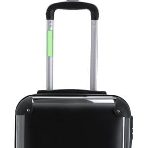 A black wheeled trolley bag with a retractable handle and a green accent. It features a logo on the outer surface.